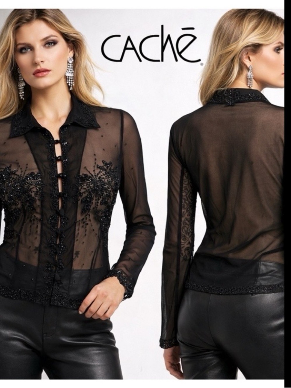 VTG Caché,Sheer Beaded Mesh Blouse 90s Y2K Evening Goth Glam Stretch Top Size L - Picture 2 of 14